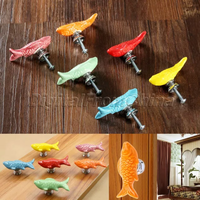 Retro Ceramic Fish Shape Cabinet Drawer Door Knob Fish Cupboard Pull Handle