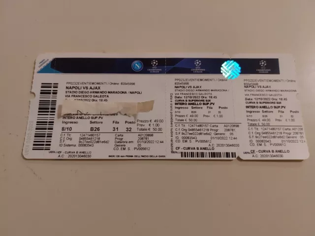 Raro Biglietto Ticket Napoli Ajax 12 -10-22