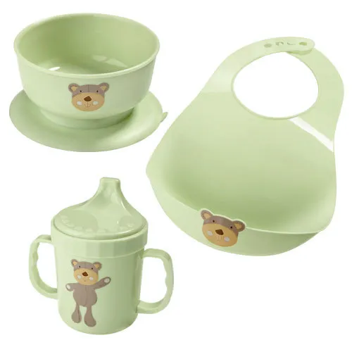 NEW AVON THREE PIECE PALE GREEN TEDDY BEAR BABY FEEDING SET 3 Mug Bowl Bib