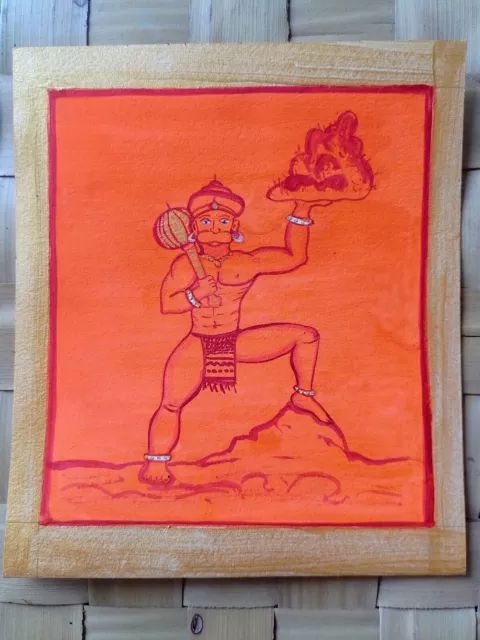 Hanuman Art Handmade Indian Miniature Hindu Ramayana Epic Oil Canvas Painting