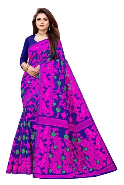 Sari in misto cotone Jamdani Blu