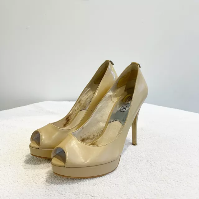 Michael Kors Beige Heels Womens 5.5 Open Toe Patent Leather Stiletto Platform