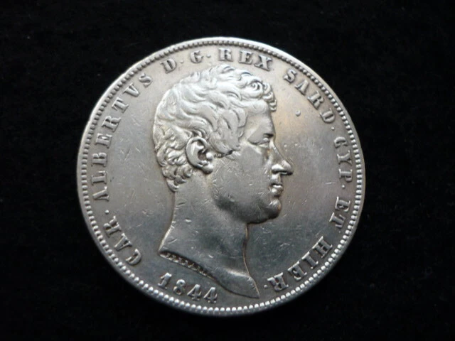 5 Lire. Charles Albert 1844 P ancre, argent TTB+.