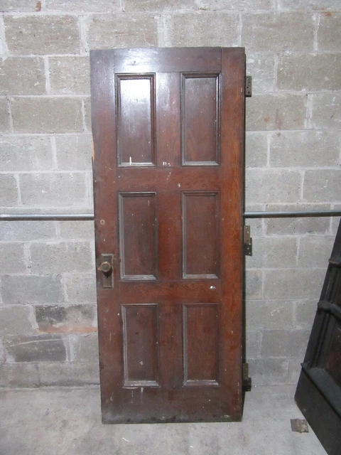 ~ ANTIQUE OAK 6 PANEL DOOR WITH HARDWARE E ~ 32 x 81.5 ARCHITECTURAL SALVAGE