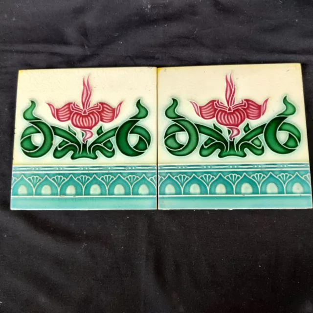 Antique Embossed Majolica Art Nouveau Architecture Floral Tile 2 Pcs Japan CT164