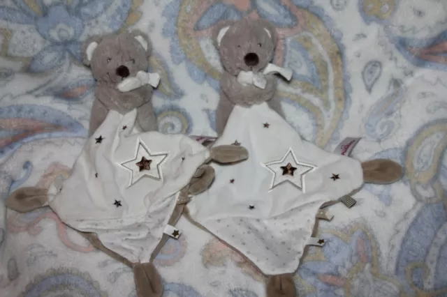 Doudou POMMETTE OURS  lot de 2  beige marron blanc  mouchoir étoile  NEUF*