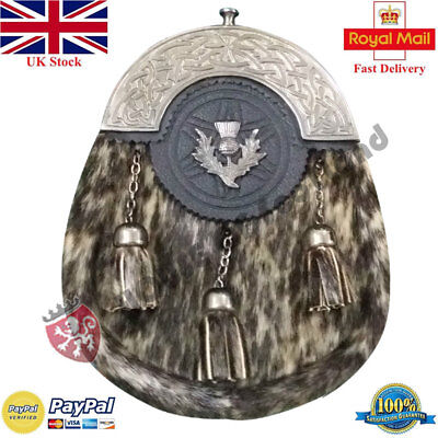 Sporran Cardo Abito Completo Gonnellino Scozzese Pelle Sealskin Cardo Crest Antico 
