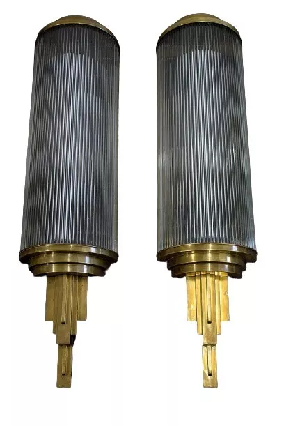 Pair Large Old Vintage Art Deco Brass & Glass Rod Ship Light Wall Sconces Lamp