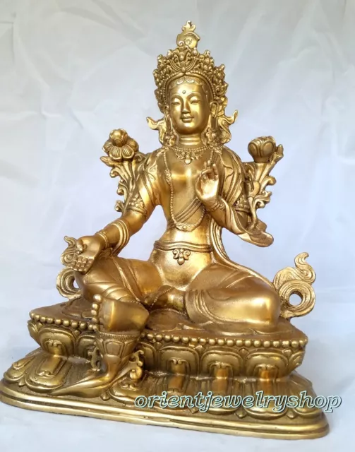 antique excellent  Tibetan Green Tara Buddha Pure Bronze Old Statue