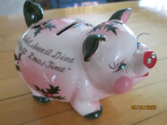 VTG 6" Kreiss Christmas Piggy Bank Japan “Put Pennies Away For A Happy Holiday"