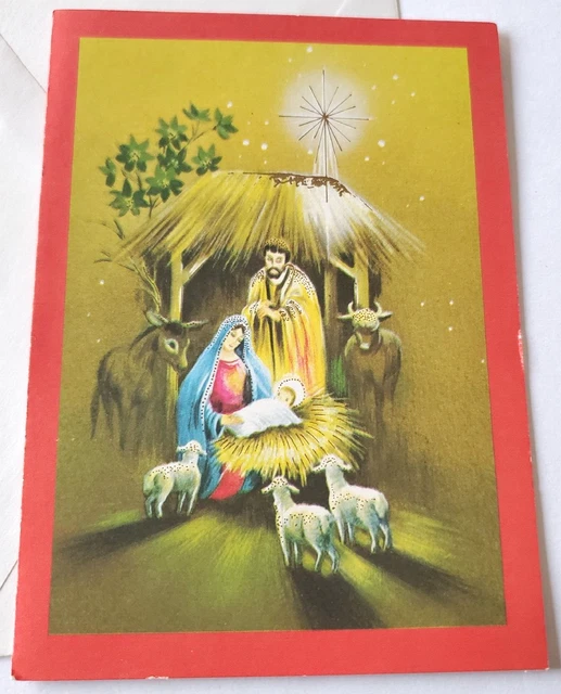 Vintage Christmas Card Nativity Lambs Donkey Cow Baby Jesus Mary Joseph Star