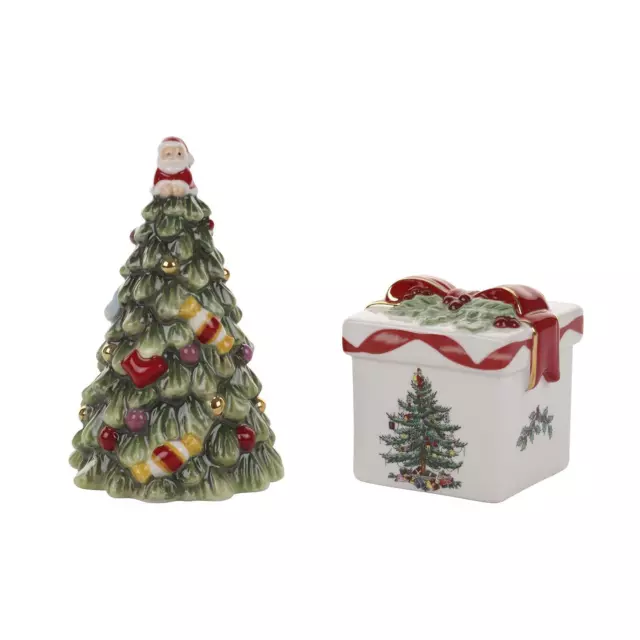 Spode Christmas Tree Gold Salt & Pepper Set, Figural 3.5" H Tree & 2" H Gift Box