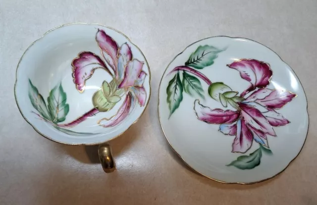 Royal Sealy China tea cup  saucer Japan vintage floral orchid gold moriage