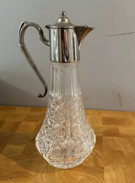 Vintage Cut Glass Claret Jug With Silver Plate Top and Handle