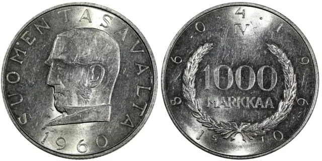 FINLAND Silver 1960 S J 1000 Markkaa Snellman Mintage-201,000 UNC KM# 43 (438)