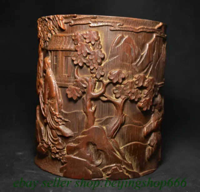 6" Chinese Bamboo root Carving Fengshui Figure Brush pot Statue 3