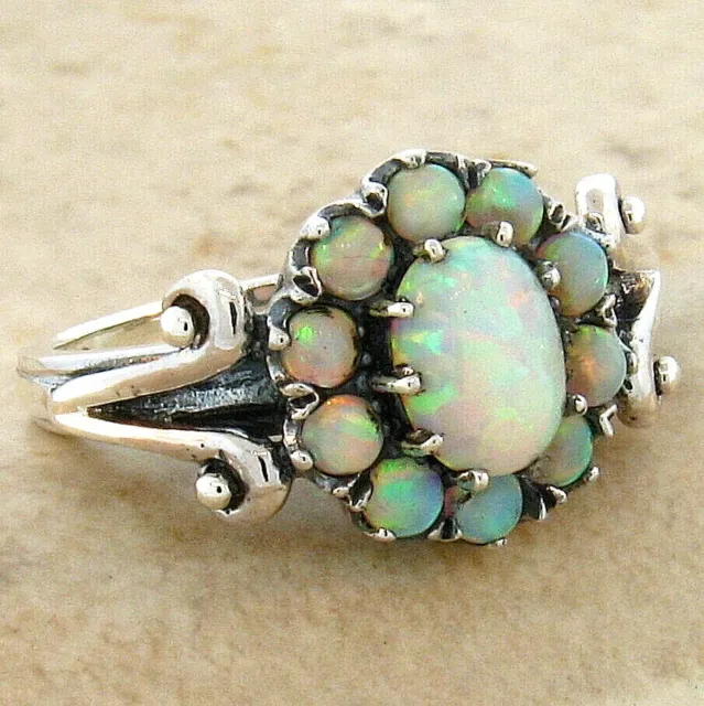 Victorian Style 925 Sterling Silver Filigree Lab-Created Opal Ring          464X