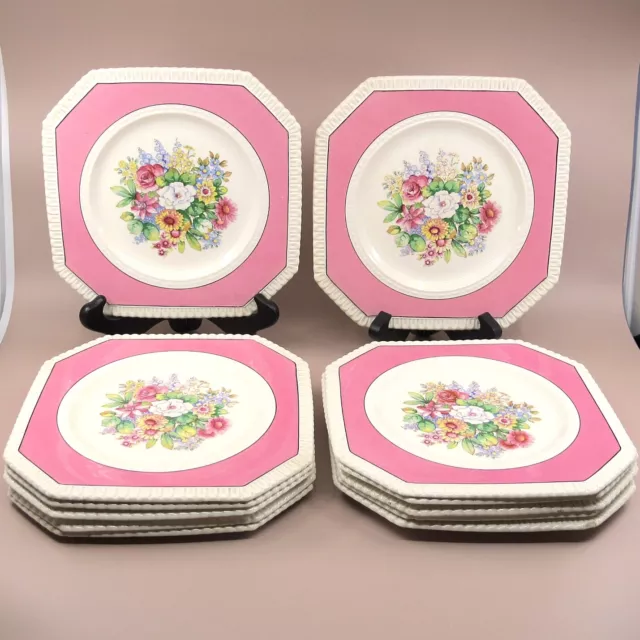 George Jones Cresent Ivory 12 Multisided Dessert Plate Set Pink Floral Square