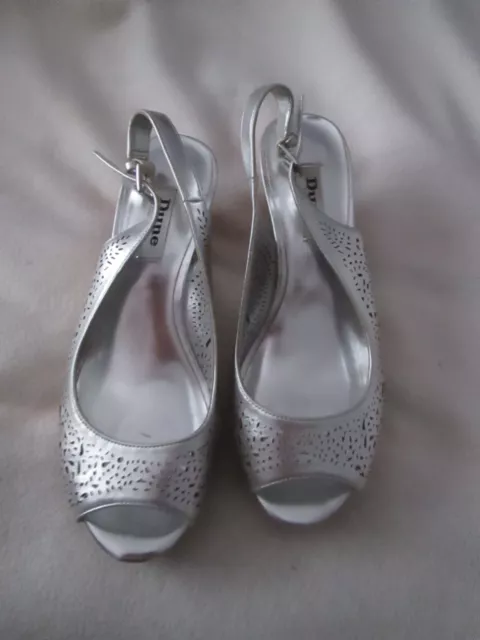 DUNE London Silver Cut Out Peep Toe Sling Back Cork Wedge Shoes Size 6 / 39