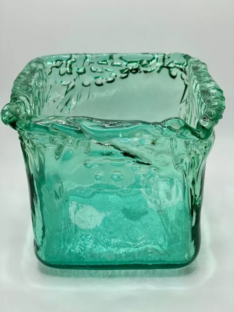 Vase Candle Planter 5.5" Square Green Recycled Art Glass Heavy Ice Texture Spain