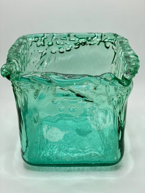 Vase Candle Planter 5.5" Square Green Recycled Art Glass Heavy Ice Texture Spain