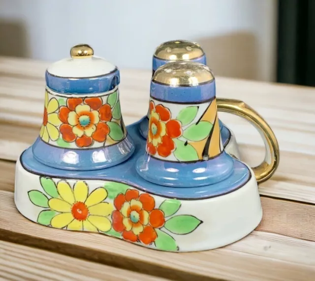 Lusterware Salt & Pepper Shakers W Mustard Condiment Caddy Floral Japan Vintage