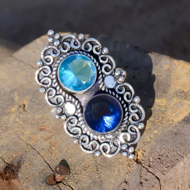 Bague de travail en argent sterling 925 avec topaze bleue et tanzanite bleue