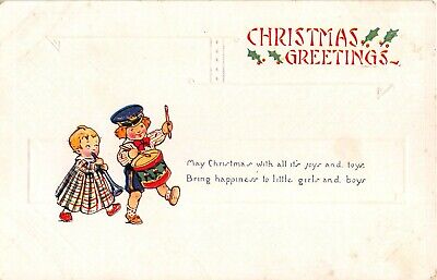 1924 Art Deco Christmas Postcard of Cute Children Playing a Horn & Drum - C-151