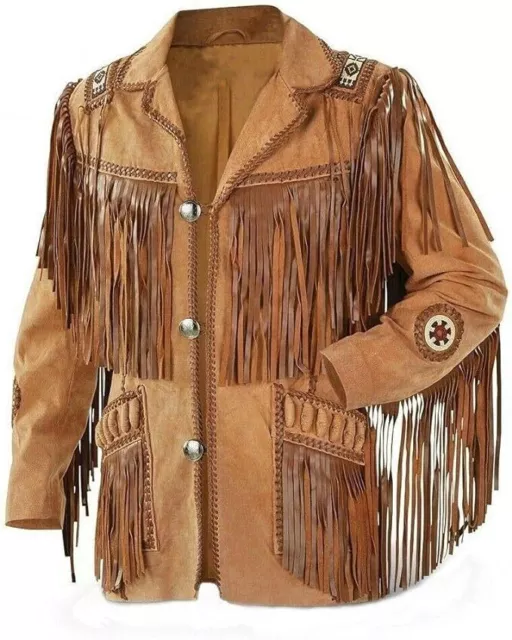 Mens Native American Cowboy Leather Jacket Western Suede Fringe & Beads Jacket