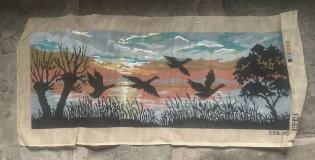 Large Needlepoint Printed Tapestry Canvas Geese Duck Pond Sunset 29in x 10.5in