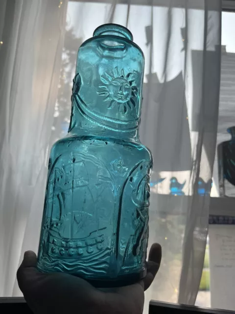 VIntage MCM Barware Empoli 10”+ Nautical Bottle Decanter Blue Italy Glass