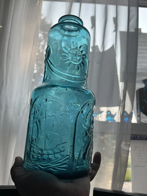VIntage MCM Barware Empoli 10”+ Nautical Bottle Decanter Blue Italy Glass