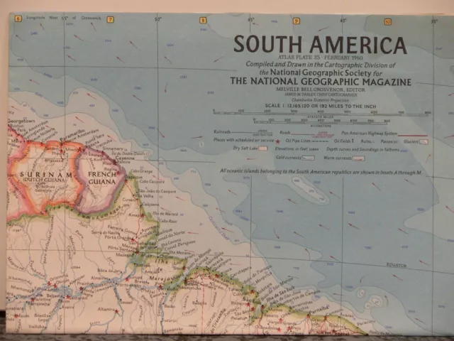 Vintage 1960 National Geographic Map of South America