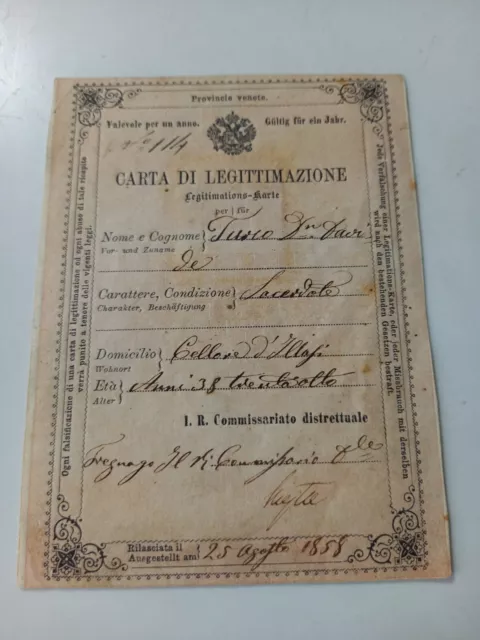 Carta Di Legittimazione Di Un Sacerdote Lombardo Veneto Venezia 1858
