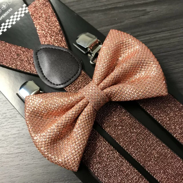 Rose-Gold Glitter Suspenders and Bow Tie Matching Set Wedding Prom Adult