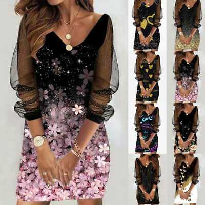UK Womens Holiday Party Dress Ladies V Neck Floral Print Mini Dresses Plus Size