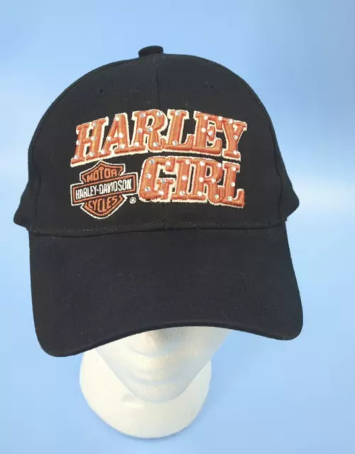 HARLEY DAVIDSON GIRL Black Orange Rhinestone 100% Cotton Baseball Cap One Size