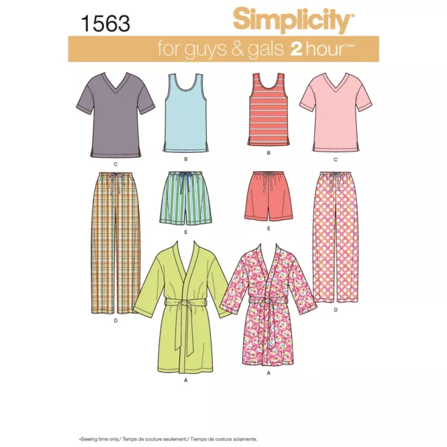 SIMPLICITY 1563 UNISEX SLEEPWEAR  Easy Sewing Pattern Sizes XS-XL TOP PANTS ROBE