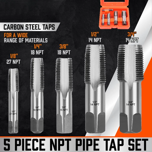 5PC HSS TAPER NPT Pipe Thread Tap Set HSS Screw Cutting 1/8" 1/4" 3/8