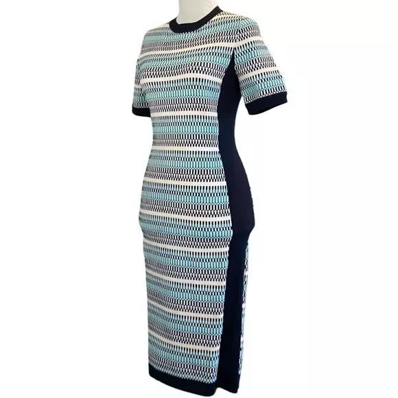 Karen Millen Half Sleeve Crew Neck Pattern Color Block Knit Sweater Dress Size M