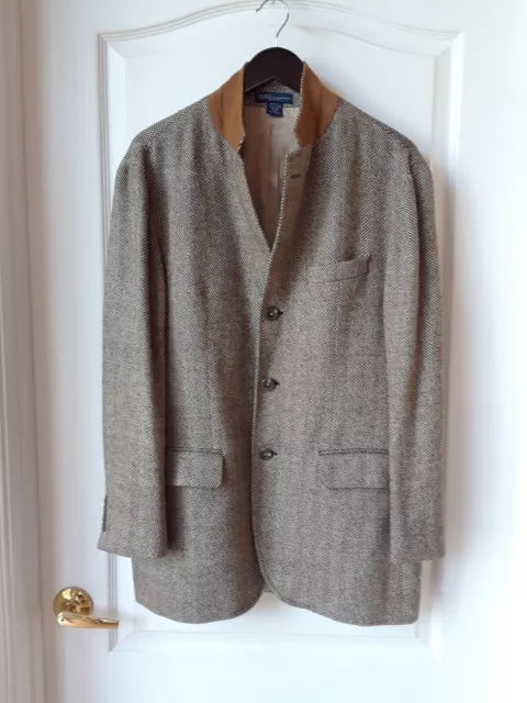 Polo Ralph Lauren Herringbone Linen Silk Wool Blazer Jacket Suede Collar  44R