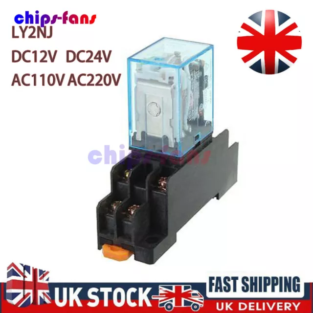 12V 24V 110V 220V AC/DC Coil Power Relay LY2NJ DPDT 8Pin HH62P JQX-13F + Base UK