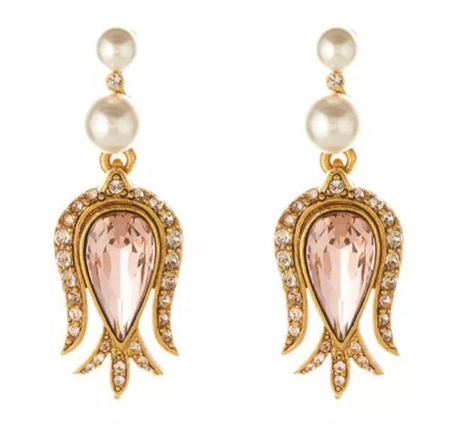 Signed Oscar de la Renta Pearl Crystal Drop Earrings Dangle