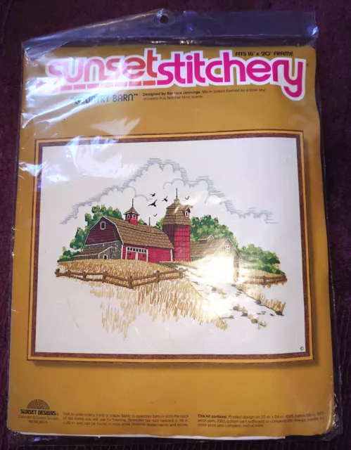 Vintage Embroidery Kit Country Farm Barn 16"X20" Sunset Stitchery USA