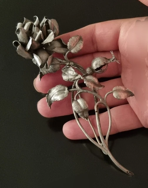 Grande Broche Ancienne Argent Massif - Motif Fleur Creux - Vintage