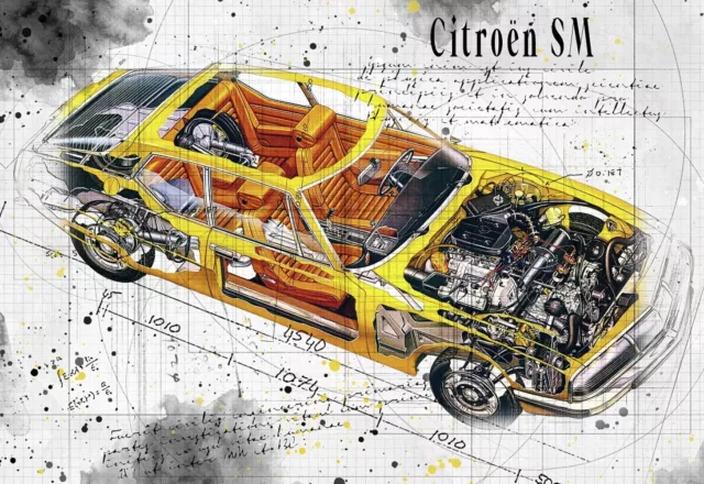 Line Tech Drawing  Citroën SM   Cutaway Art Poster Print