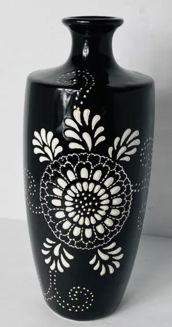 Beautiful Vintage Bohemian Hand Painted Beaded  Ceramic  Vase 12” Tall