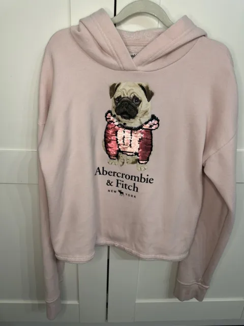 RARE Abercrombie & Fitch hoodie Girls Pug Dog Pink Sequins Size 11 12