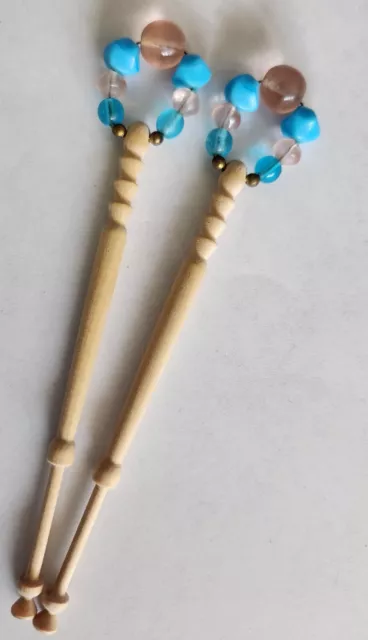 Set of 2 Carved Wood Spangled Lace Bobbins with Glass Beads
