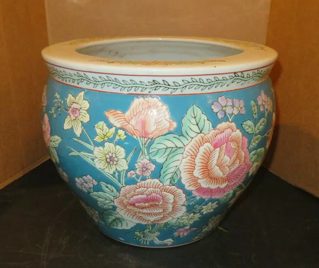 Vintage Giant Chinese Porcelain Floral Planter/Fish Bowl Hand Painted/Red Mark